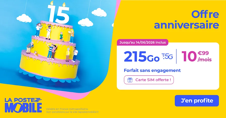 La Poste Mobile fête ses 15 ans avec un forfait 215 Go 5G à 10,99€/mois